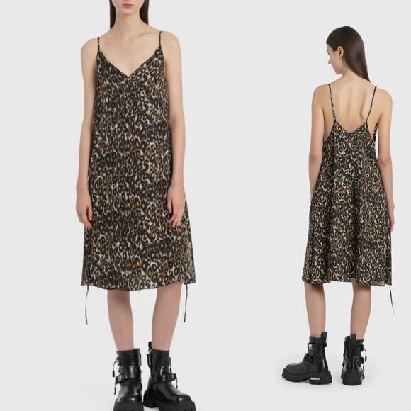 R13 MIDI SLIP DRESS WITH BACK TIE In Leopard sz S - Picture 1 of 10